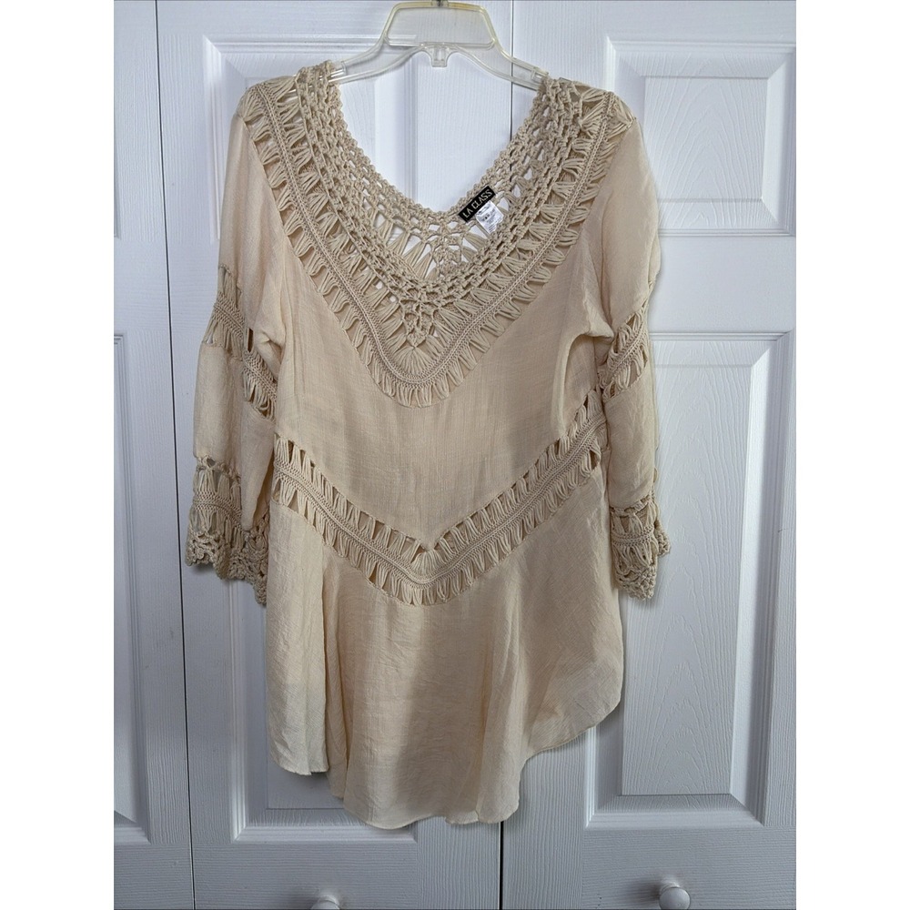LA Class Boho Crochet Tunic Womens Size L Cream Beige Festival Gauze Top